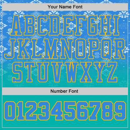 Custom Powder Blue Aqua-Gold Floral Texture Gradient Round Neck Sublimation Basketball Uniform Jersey