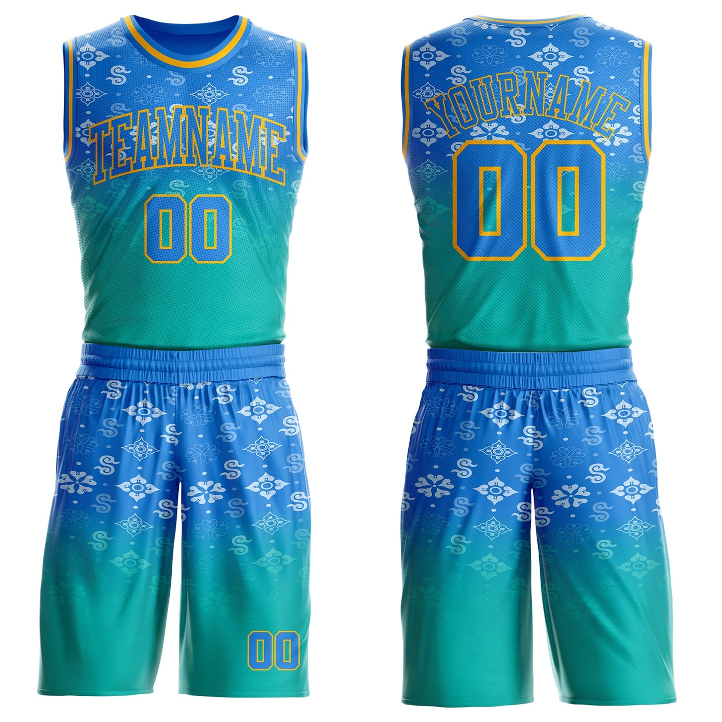 Custom Powder Blue Aqua-Gold Floral Texture Gradient Round Neck Sublimation Basketball Uniform Jersey