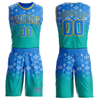 Custom Powder Blue Aqua-Gold Floral Texture Gradient Round Neck Sublimation Basketball Uniform Jersey