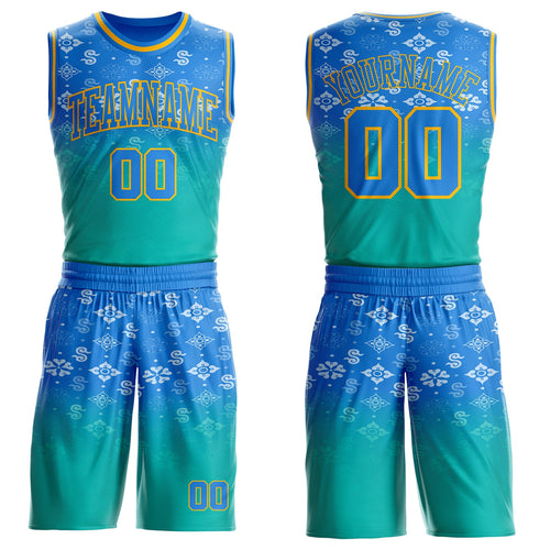 Custom Powder Blue Aqua-Gold Floral Texture Gradient Round Neck Sublimation Basketball Uniform Jersey