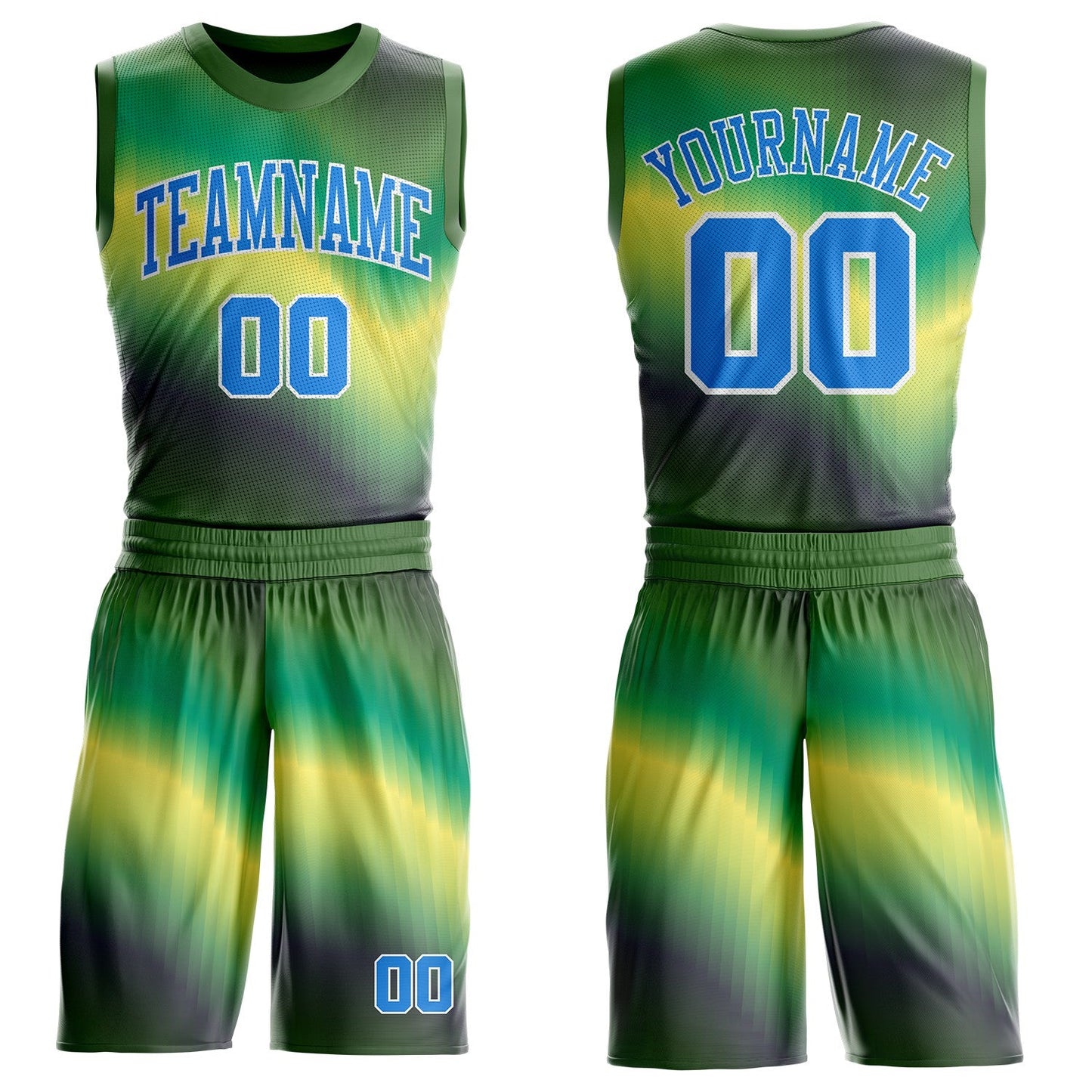 Custom Green Powder Blue Yellow-White Gradient Wave Texture Round Neck Sublimation Basketball Uniform Jersey