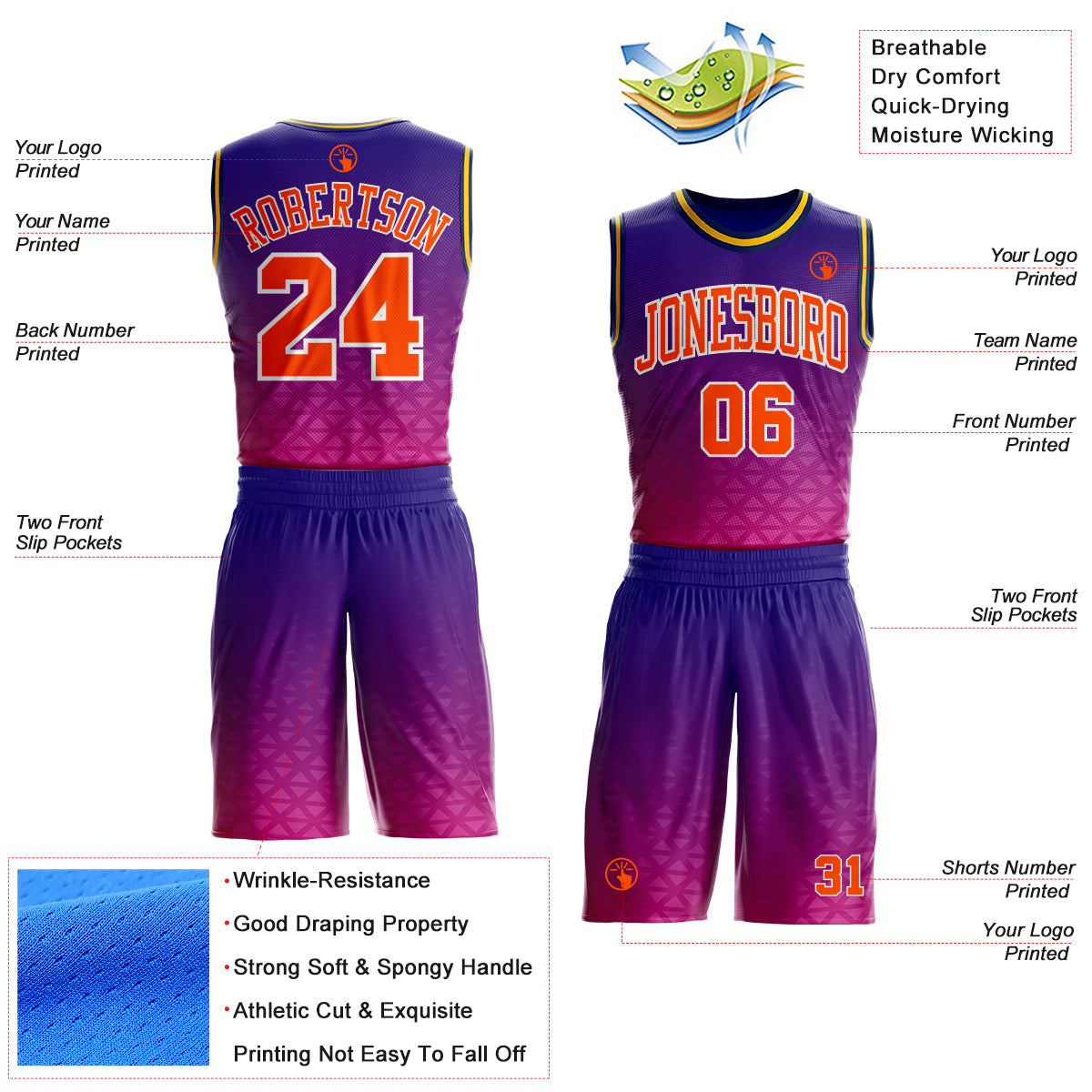 Custom Purple Orange Pink White Navy-Gold Triangle Dot Gradient Round Neck Sublimation Basketball Uniform Jersey