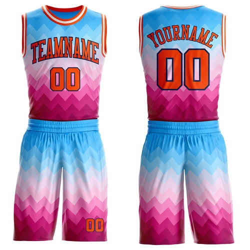 Custom Blue Orange Pink Navy-White Chevron Zigzag Gradient Round Neck Sublimation Basketball Uniform Jersey