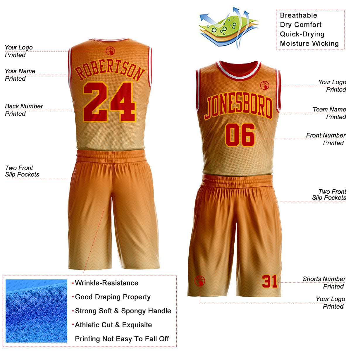 Custom Orange Red Gold-White Micro Chevron Gradient Round Neck Sublimation Basketball Uniform Jersey
