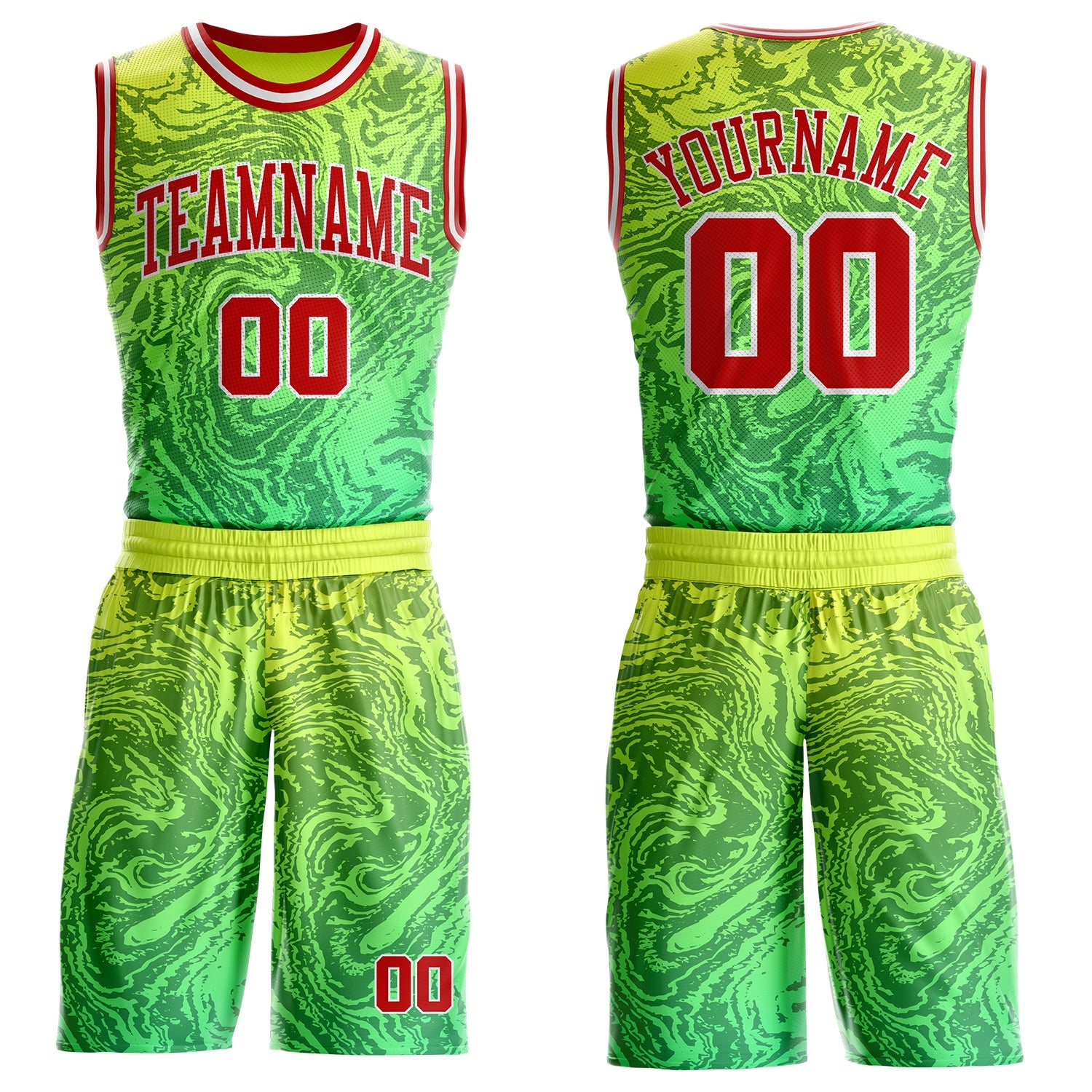 Custom Green Red Yellow-White Gradient Marble Texture Fluid Round Neck Sublimation Basketball Uniform Jersey