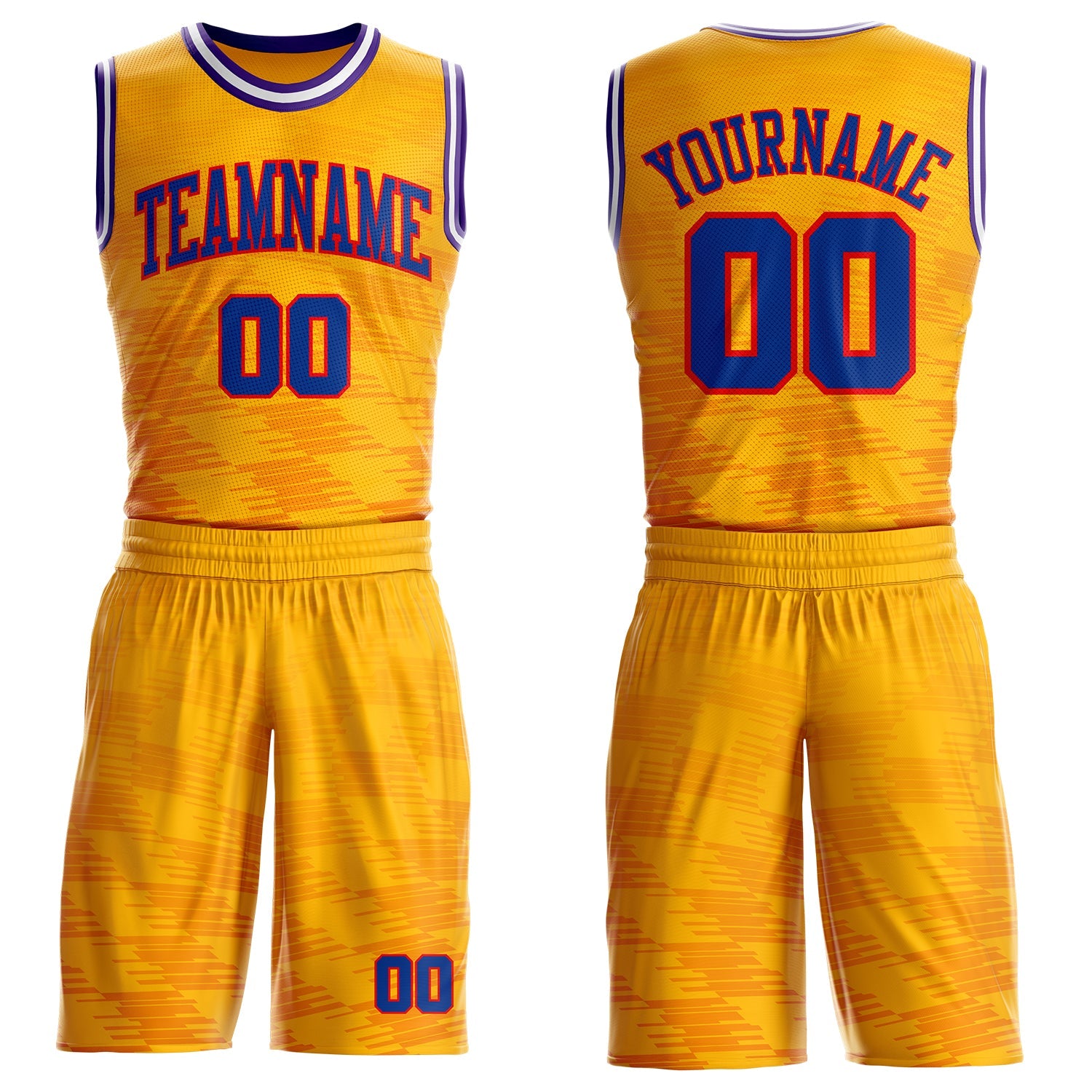 Custom Yellow Royal Fire Red Purple-White Gradient Geometric Stripe Round Neck Sublimation Basketball Uniform Jersey