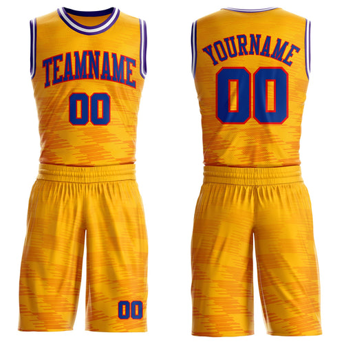 Custom Yellow Royal Fire Red Purple-White Gradient Geometric Stripe Round Neck Sublimation Basketball Uniform Jersey