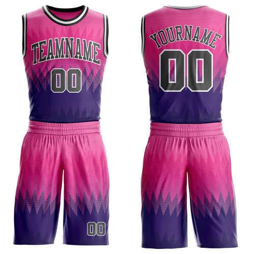 Custom Pink Steel Gray Purple White-Black Chevron Zigzag Gradient Round Neck Sublimation Basketball Uniform Jersey