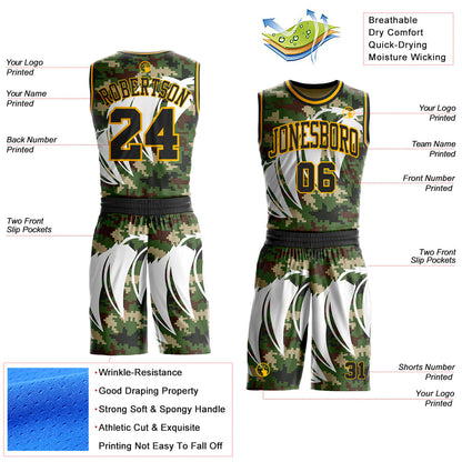 Custom Camo Black-Gold Woodland Camouflage Claw Round Neck Sublimation Salute To Service Basketball Uniform Jersey