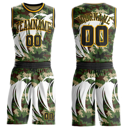 Custom Camo Black-Gold Woodland Camouflage Claw Round Neck Sublimation Salute To Service Basketball Uniform Jersey
