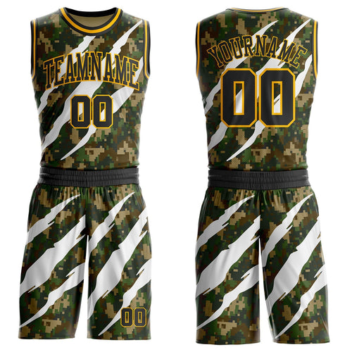 Custom Camo Black-Gold Woodland Camouflage Claw Scratch Round Neck Sublimation Salute To Service Basketball Uniform Jersey