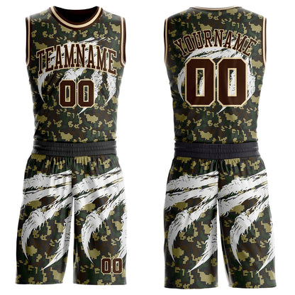Custom Camo Brown-Cream Woodland Camouflage Claw Scratch Round Neck Sublimation Salute To Service Basketball Uniform Jersey