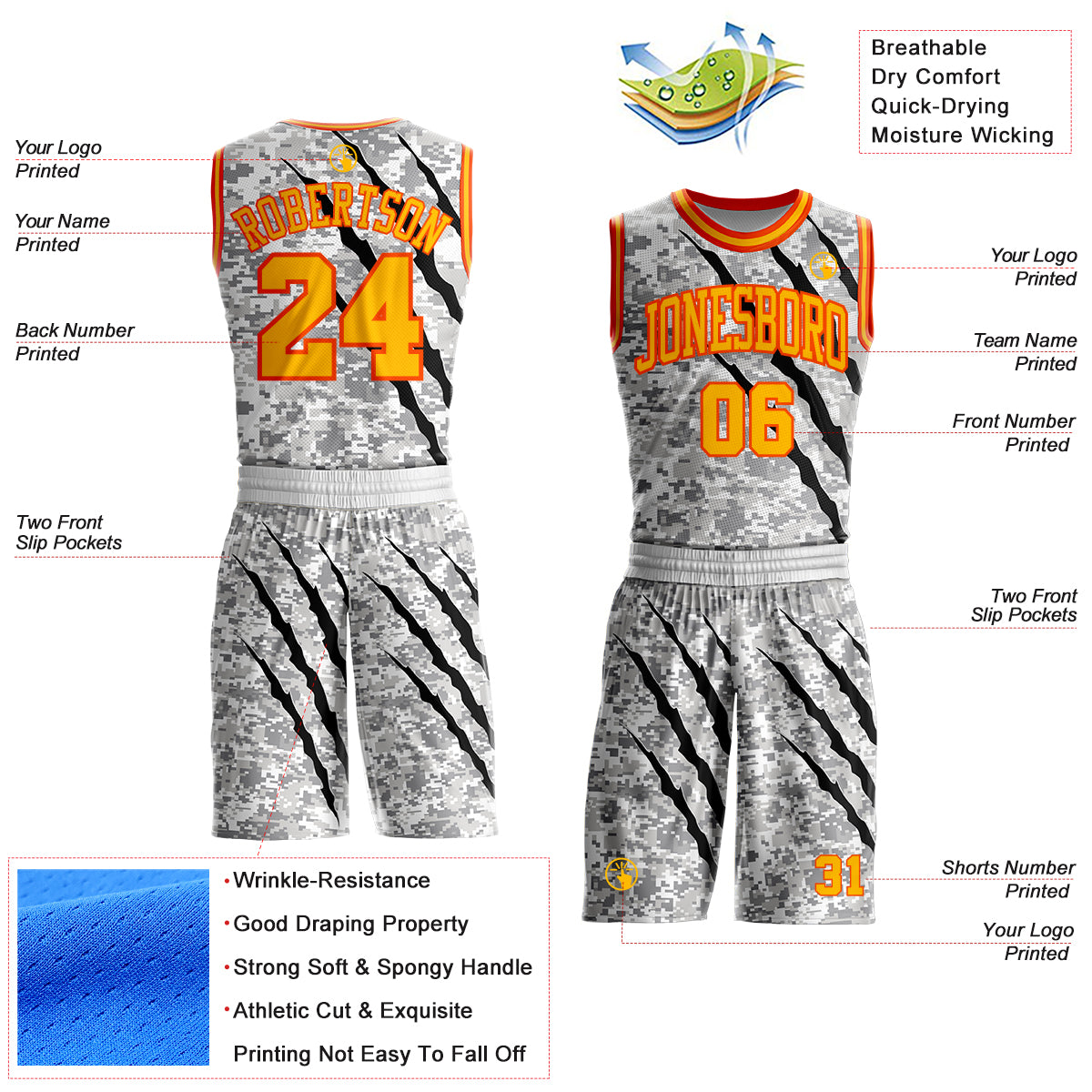 Custom Camo Gold-Orange Digital Camouflage Claw Scratch Round Neck Sublimation Salute To Service Basketball Uniform Jersey