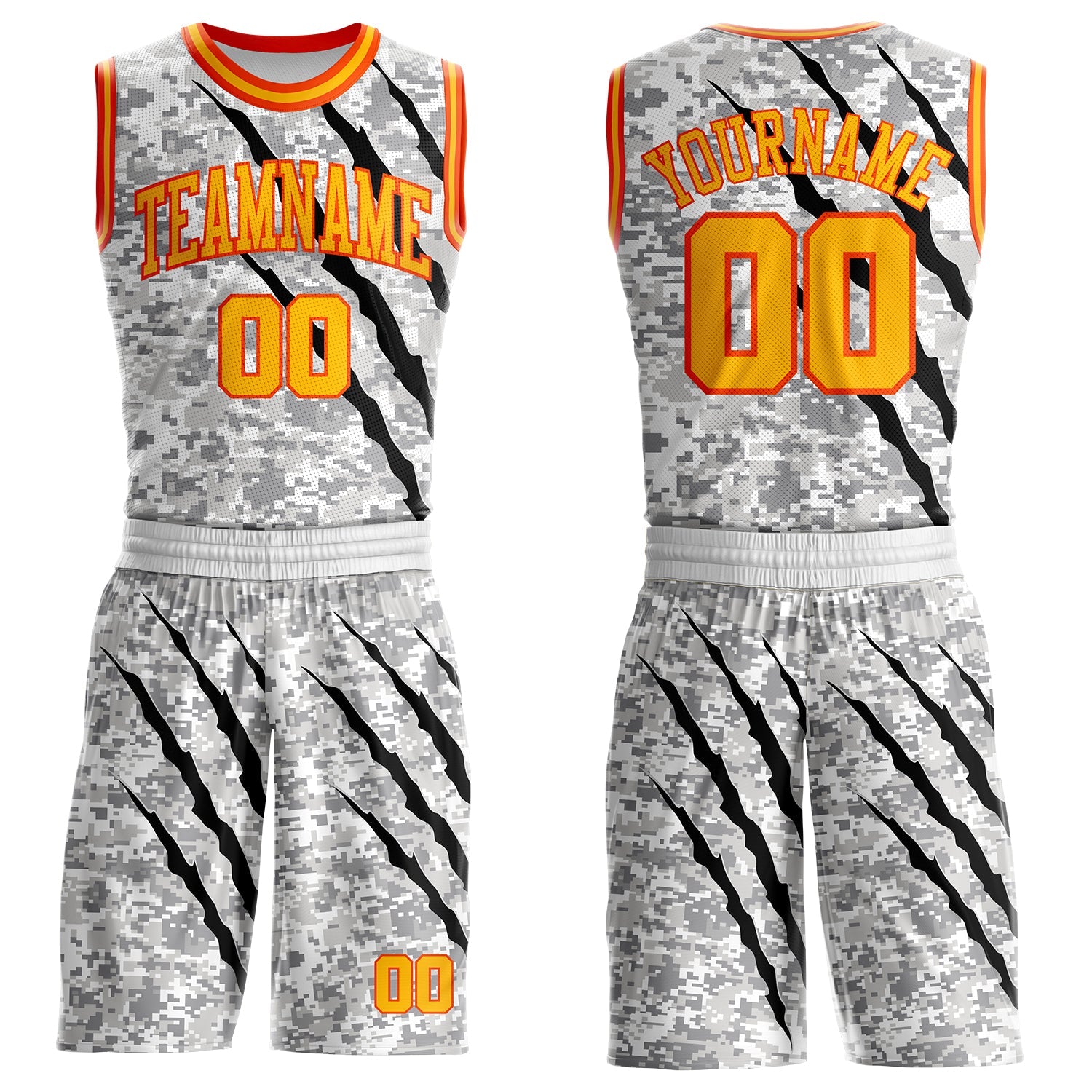Custom Camo Gold-Orange Digital Camouflage Claw Scratch Round Neck Sublimation Salute To Service Basketball Uniform Jersey