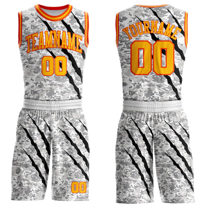 Custom Camo Gold-Orange Digital Camouflage Claw Scratch Round Neck Sublimation Salute To Service Basketball Uniform Jersey