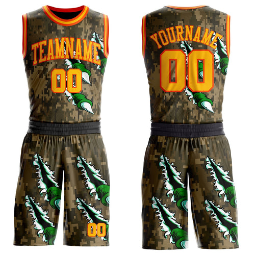 Custom Camo Gold-Orange Digital Camouflage Monster Claw Round Neck Sublimation Salute To Service Basketball Uniform Jersey