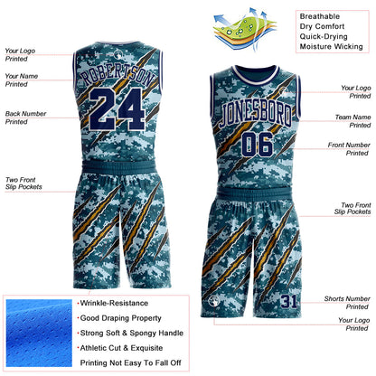 Custom Camo Navy-White Digital Camouflage Monster Claw Round Neck Sublimation Salute To Service Basketball Uniform Jersey