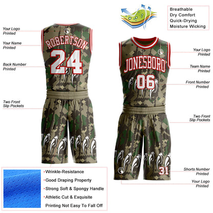 Custom Camo White-Red Digital Camouflage Monster Claw Round Neck Sublimation Salute To Service Basketball Uniform Jersey
