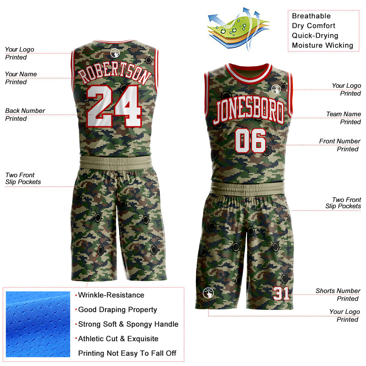 Custom Camo White-Red Woodland Camouflage Bullet Hole Round Neck Sublimation Salute To Service Basketball Uniform Jersey