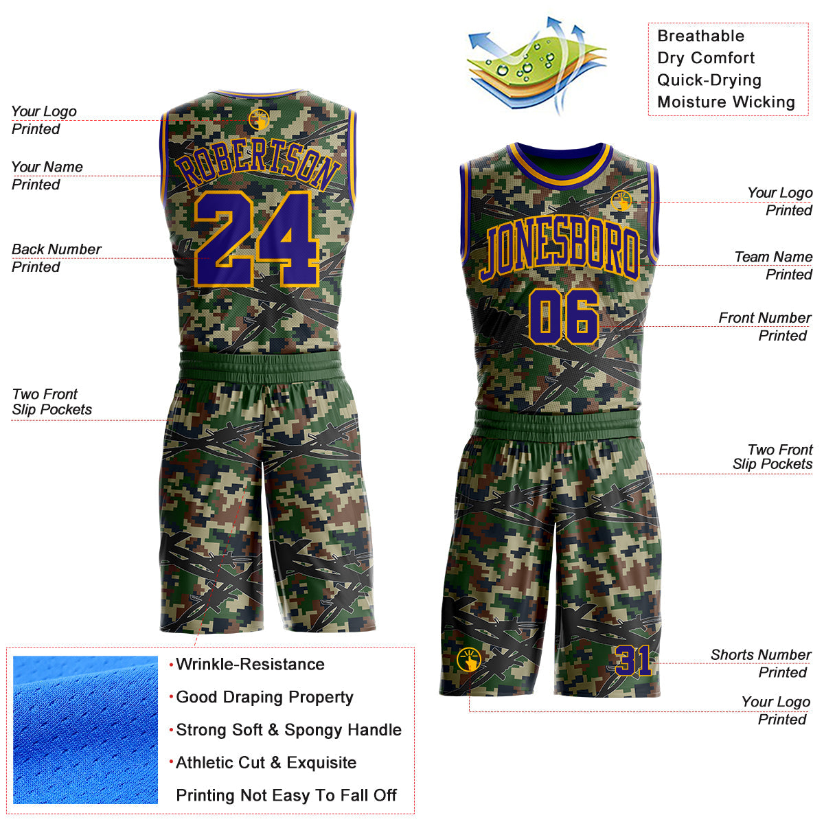 Custom Camo Dark Purple-Gold Woodland Camouflage Barbed Wire Round Neck Sublimation Salute To Service Basketball Uniform Jersey