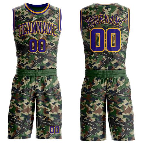 Custom Camo Dark Purple-Gold Woodland Camouflage Barbed Wire Round Neck Sublimation Salute To Service Basketball Uniform Jersey