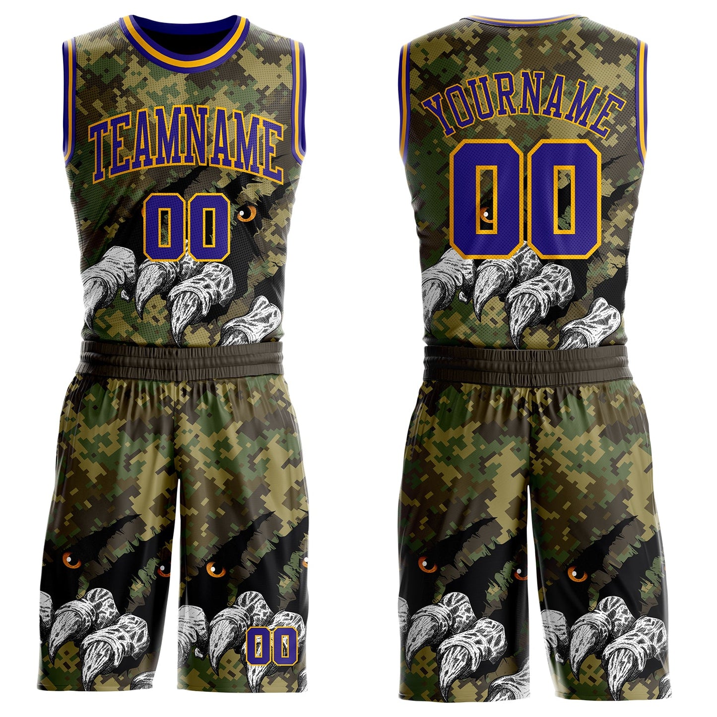 Custom Camo Dark Purple-Gold Digital Camouflage Monster Claw Round Neck Sublimation Salute To Service Basketball Uniform Jersey