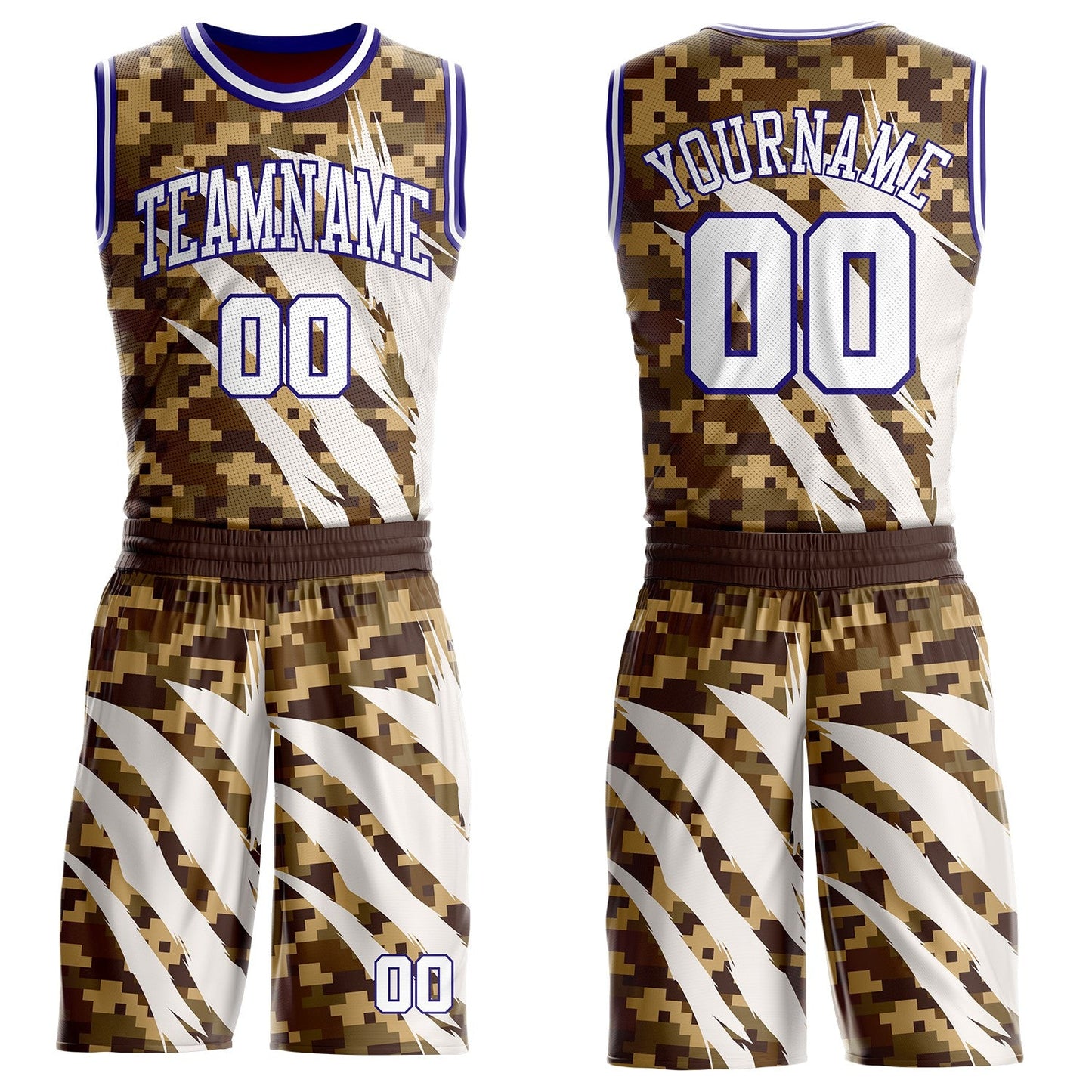 Custom Camo White-Dark Purple Desert Camouflage Claw Round Neck Sublimation Salute To Service Basketball Uniform Jersey