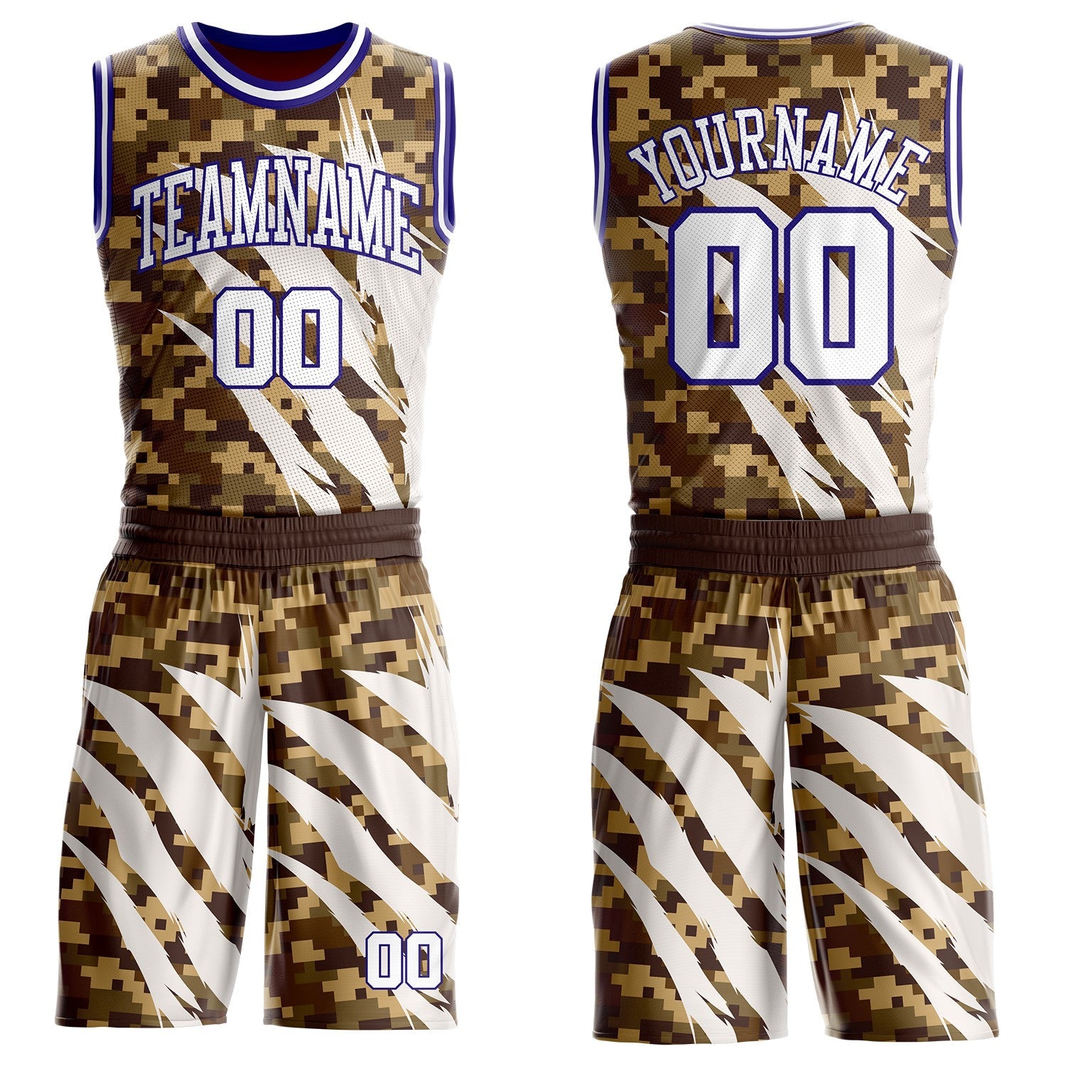 Custom Camo White-Dark Purple Desert Camouflage Claw Round Neck Sublimation Salute To Service Basketball Uniform Jersey