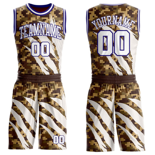 Custom Camo White-Dark Purple Desert Camouflage Claw Round Neck Sublimation Salute To Service Basketball Uniform Jersey