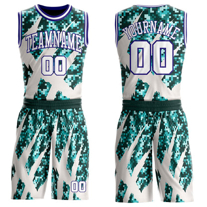 Custom Camo White-Dark Purple Digital Camouflage Claw Round Neck Sublimation Salute To Service Basketball Uniform Jersey