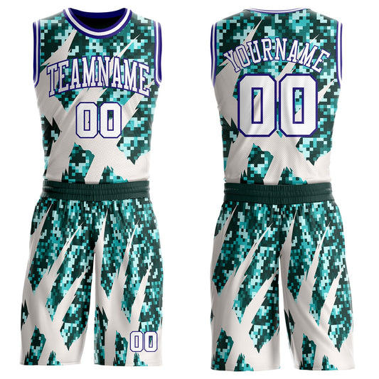 Custom Camo White-Dark Purple Digital Camouflage Claw Round Neck Sublimation Salute To Service Basketball Uniform Jersey
