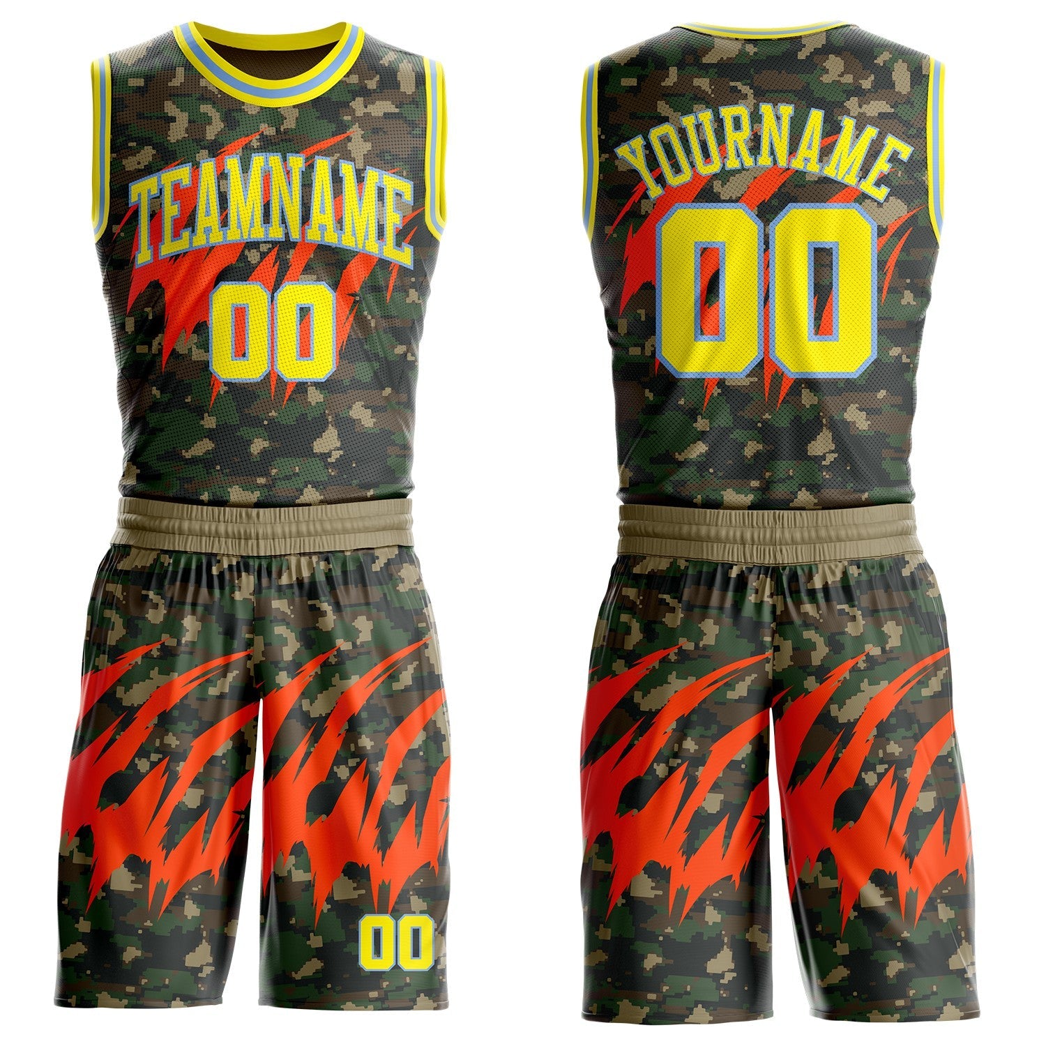 Custom Camo Light Yellow-Powder Blue Woodland Camouflage Claw Round Neck Sublimation Salute To Service Basketball Uniform Jersey