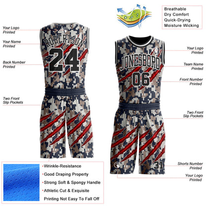 Custom Camo Black-White Digital Camouflage Claw Round Neck Sublimation Salute To Service Basketball Uniform Jersey