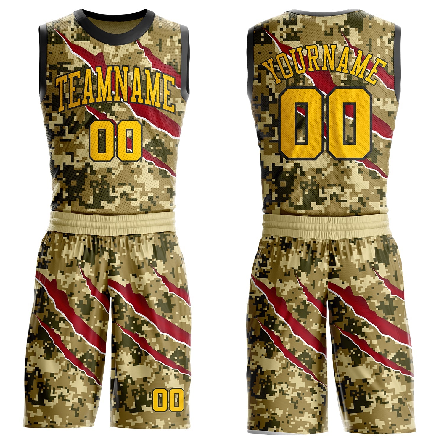 Custom Camo Yellow-Black Desert Camouflage Claw Round Neck Sublimation Salute To Service Basketball Uniform Jersey