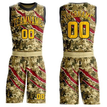Custom Camo Yellow-Black Desert Camouflage Claw Round Neck Sublimation Salute To Service Basketball Uniform Jersey