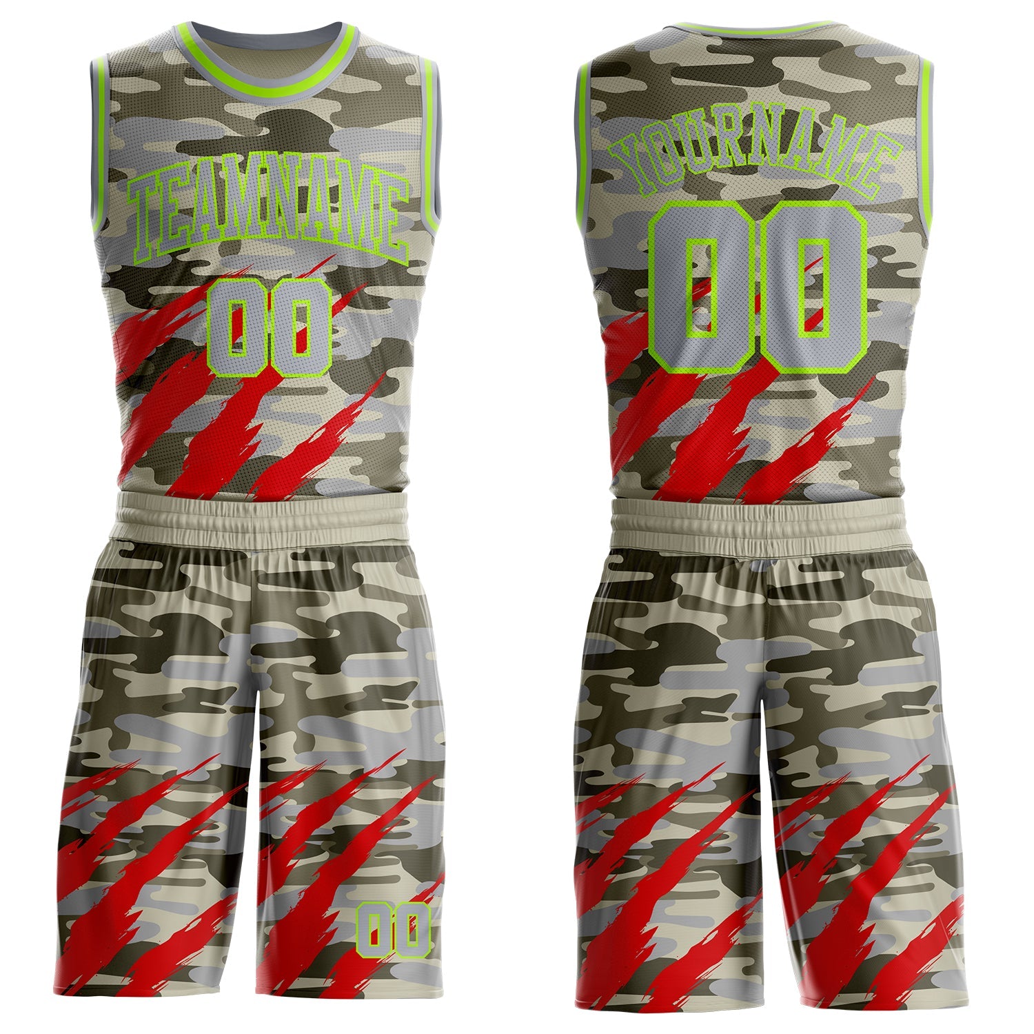 Custom Camo Gray-Neon Green Desert Camouflage Claw Round Neck Sublimation Salute To Service Basketball Uniform Jersey