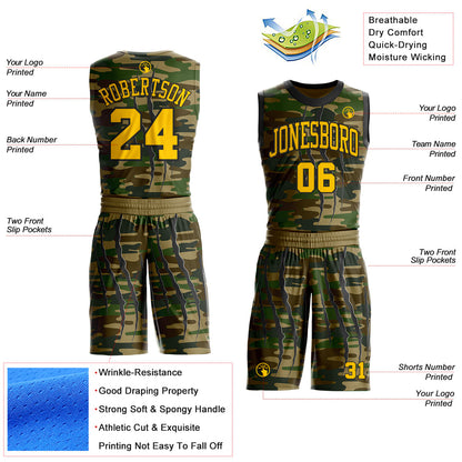 Custom Camo Yellow-Black Digital Camouflage Claw Round Neck Sublimation Salute To Service Basketball Uniform Jersey