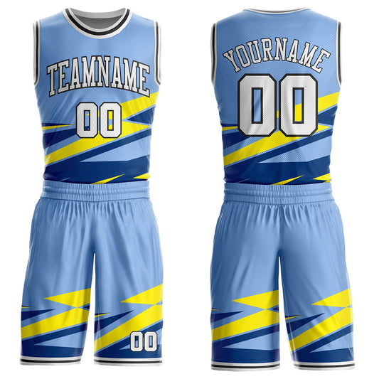 Custom Blue White-Black Vibrant Lightning Stripe Round Neck Sublimation Basketball Uniform Jersey