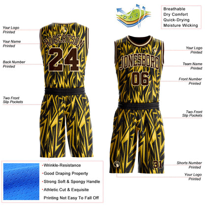 Custom Black Brown Yellow-Cream Edgy Lightning Round Neck Sublimation Basketball Uniform Jersey