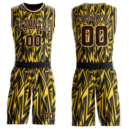 Custom Black Brown Yellow-Cream Edgy Lightning Round Neck Sublimation Basketball Uniform Jersey