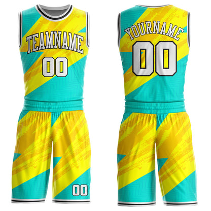 Custom Ice Blue White Yellow-Black Lightning Diagonal Brush Round Neck Sublimation Basketball Uniform Jersey
