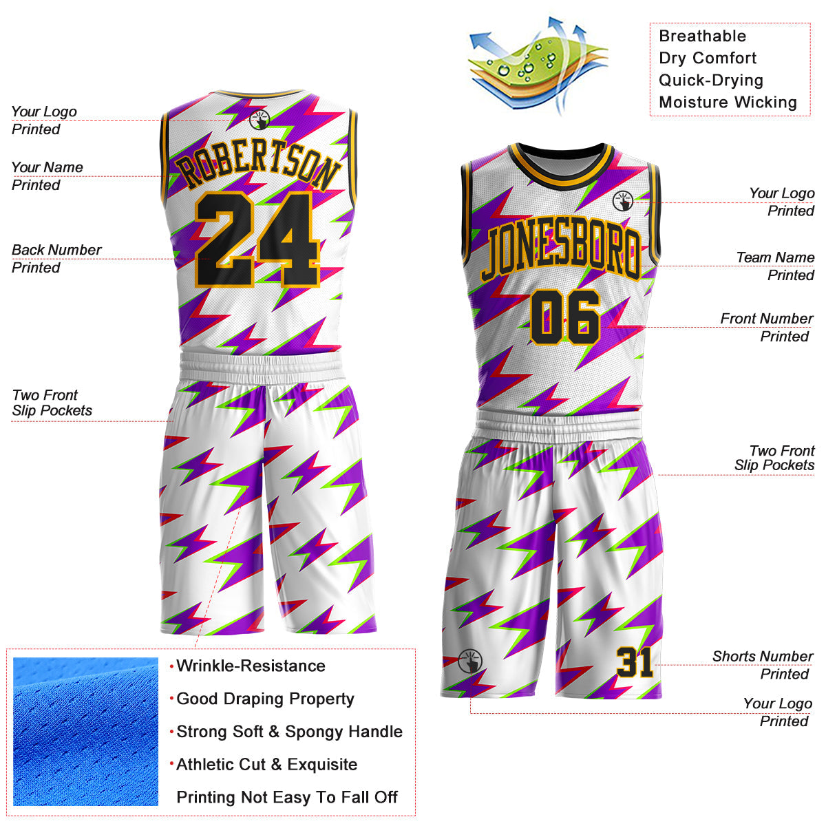 Custom White Black Purple-Gold Retro Lightning Round Neck Sublimation Basketball Uniform Jersey