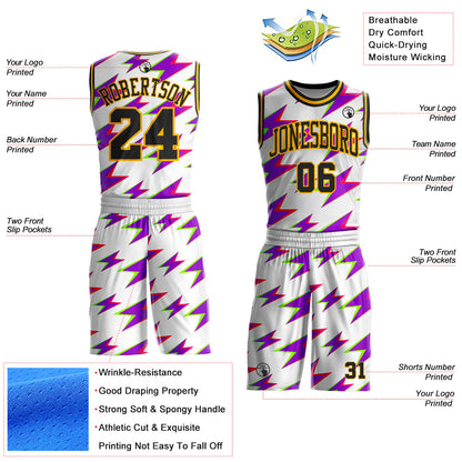 Custom White Black Purple-Gold Retro Lightning Round Neck Sublimation Basketball Uniform Jersey