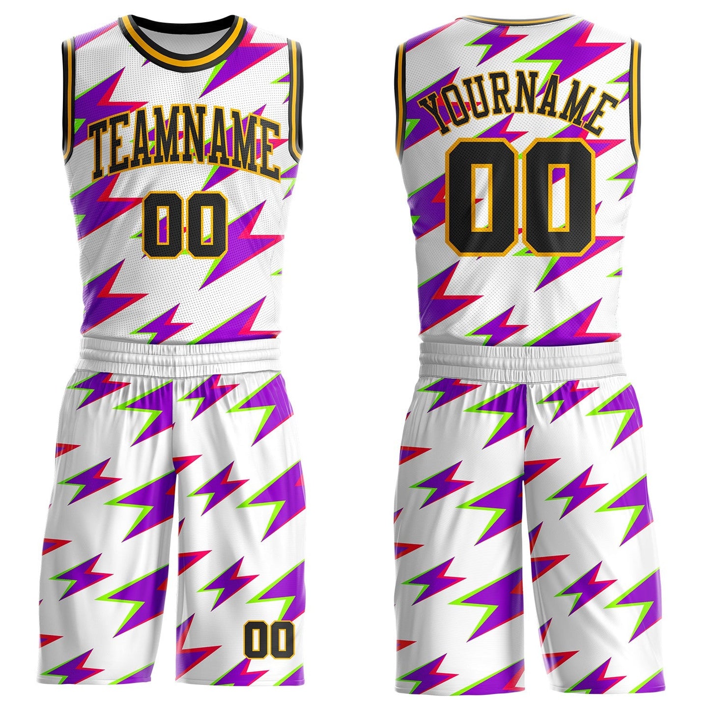 Custom White Black Purple-Gold Retro Lightning Round Neck Sublimation Basketball Uniform Jersey