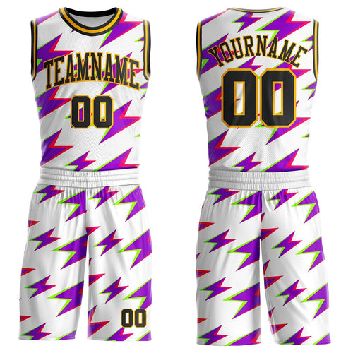 Custom White Black Purple-Gold Retro Lightning Round Neck Sublimation Basketball Uniform Jersey