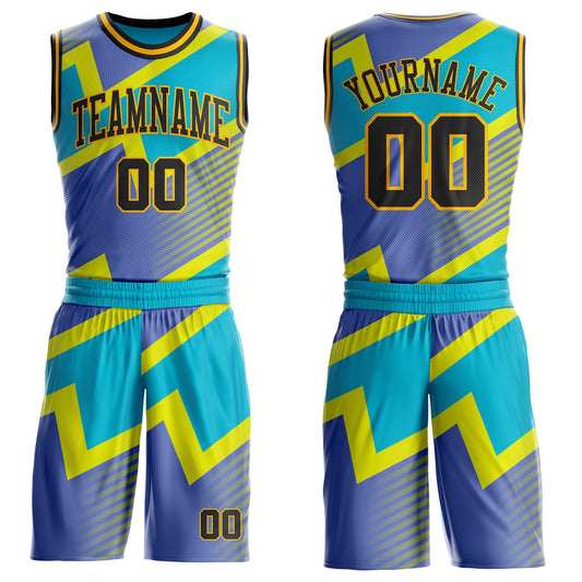 Custom Blue Black-Gold Vibrant Lightning Stripe Round Neck Sublimation Basketball Uniform Jersey