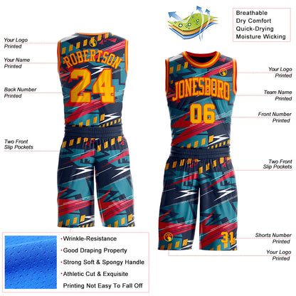 Custom Blue Gold-Orange Abstract Lightning Round Neck Sublimation Basketball Uniform Jersey