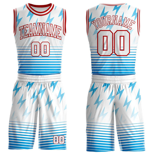 Custom White Blue-Red Lightning Stripe Round Neck Sublimation Basketball Uniform Jersey