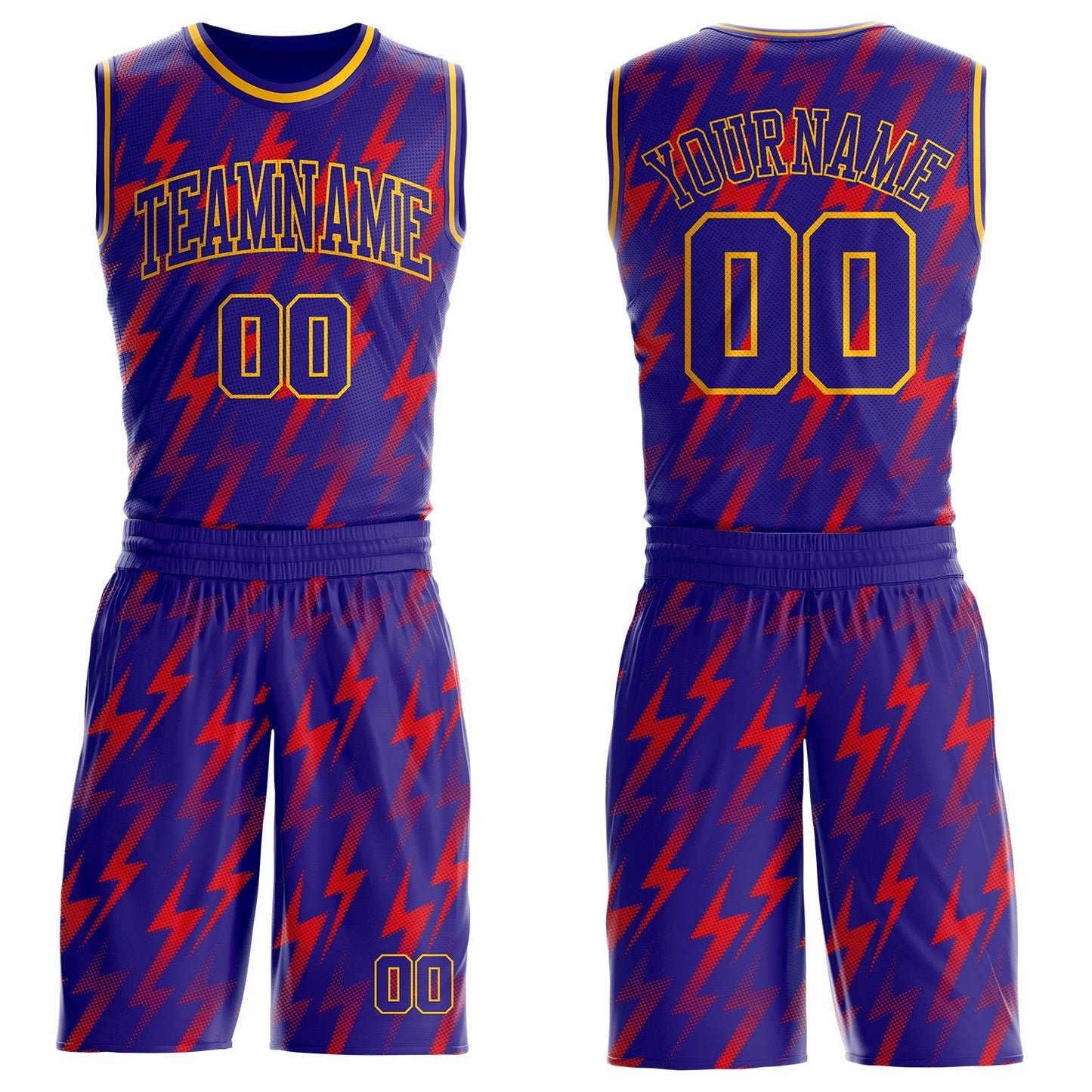 Custom Dark Purple Red-Gold Gradient Lightning Round Neck Sublimation Basketball Uniform Jersey