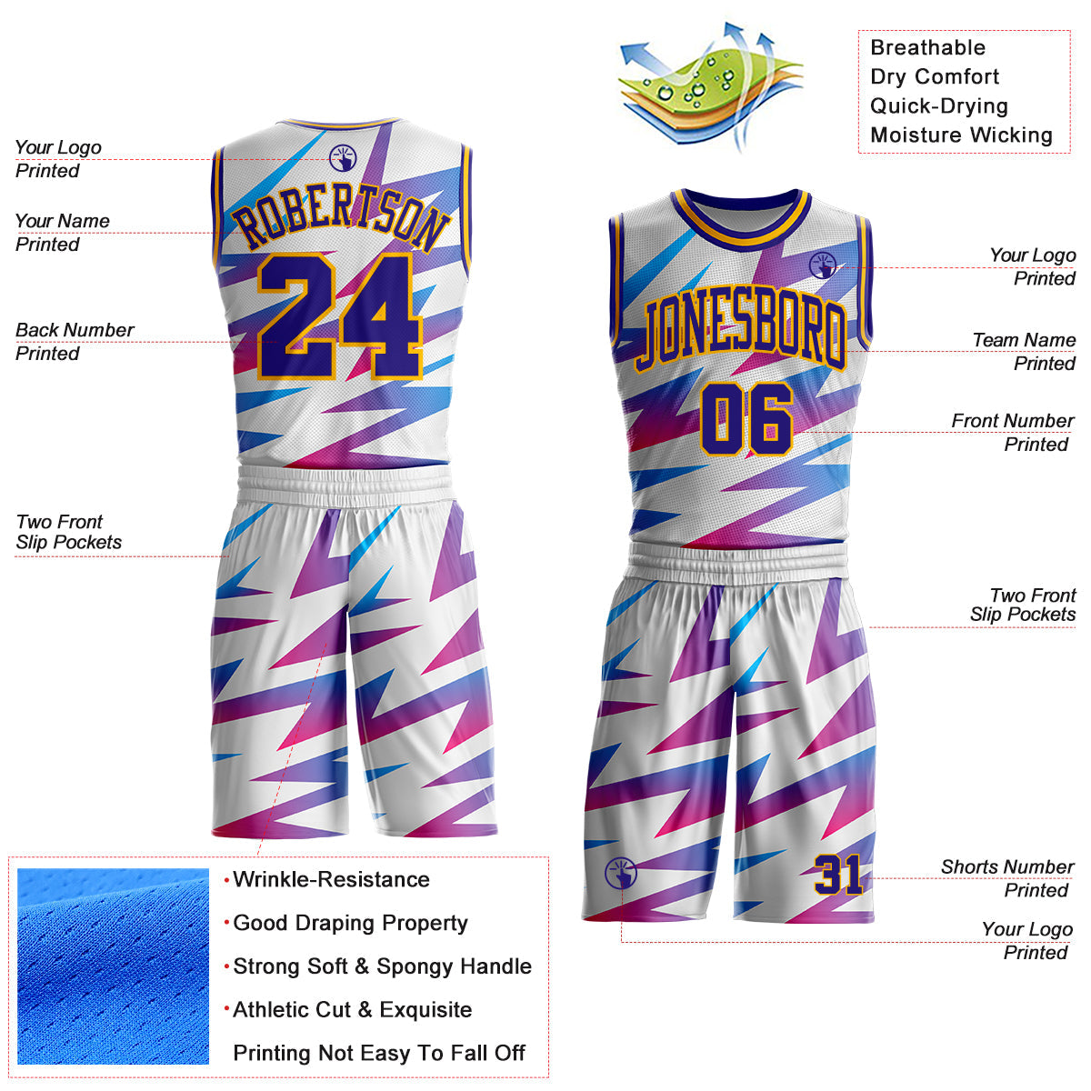 Custom White Dark Purple-Gold Abstract Lightning Round Neck Sublimation Basketball Uniform Jersey